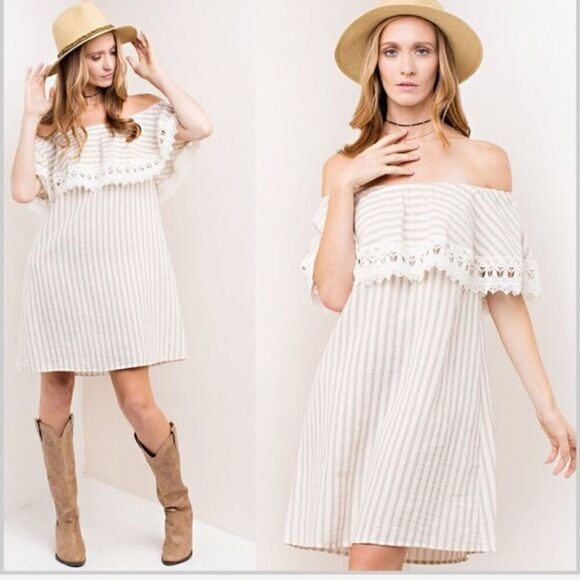 Sand Striped Crochet Detail Dress - Picture 1 of 6